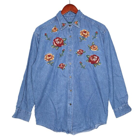 Vintage Bushwacker Floral Embroidered Oversized Denim Shirt Western Cottagecore - Picture 8 of 8